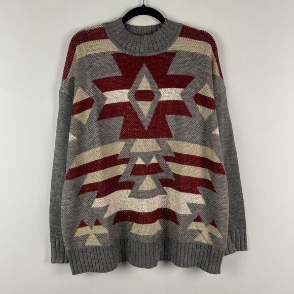 Savanna Jane Aztec Knit Pullover Sweater Size 2X Mock Neck Gray Multi - Picture 1 of 10